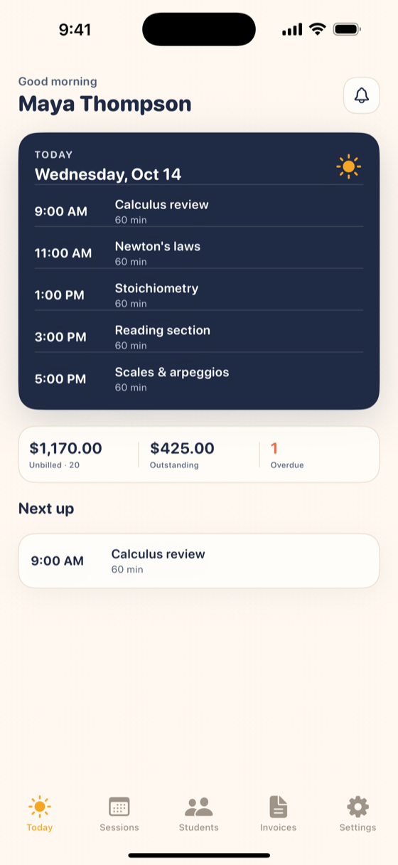 TutorLane Today screen with the day's sessions and balances